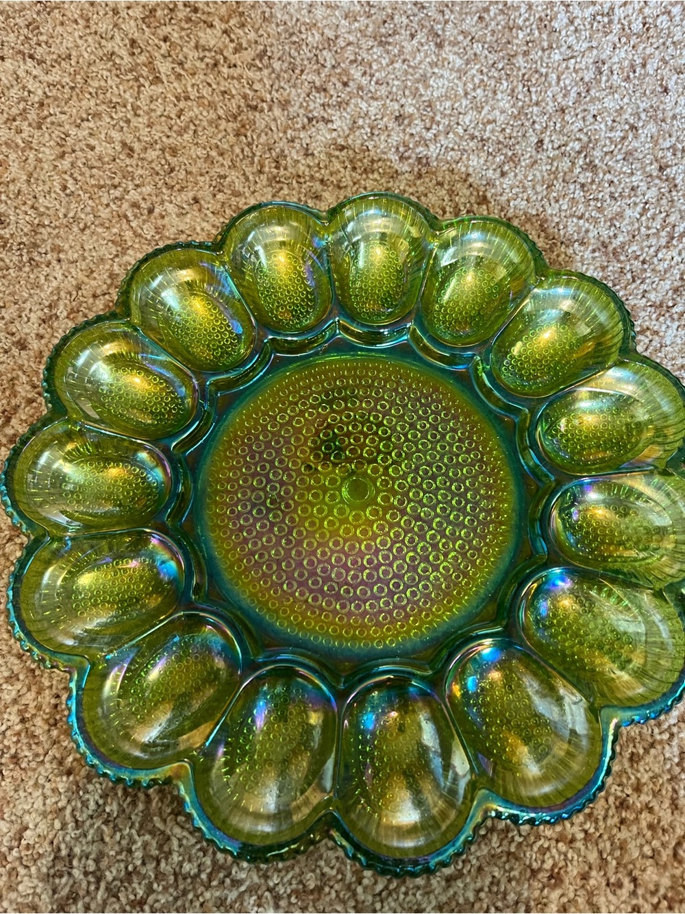 Vintage Indiana Glass Deviled Egg Plate Carnival Green Hobnail 12" 1960s MCM EUC